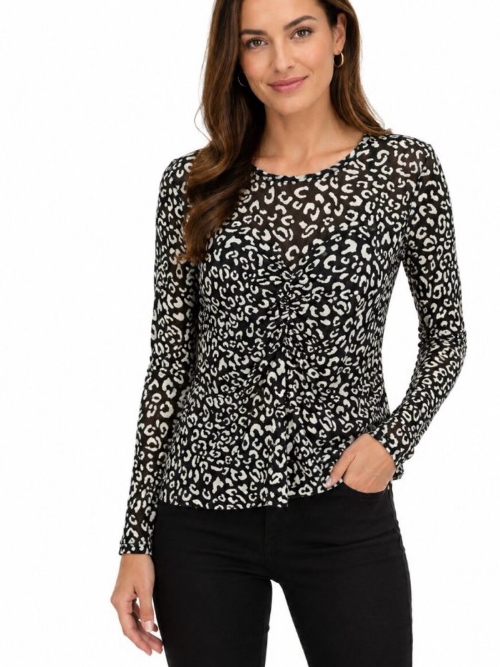 Cabi Style #4163 semi-sheer leopard print long-sleeve sweetheart top size S